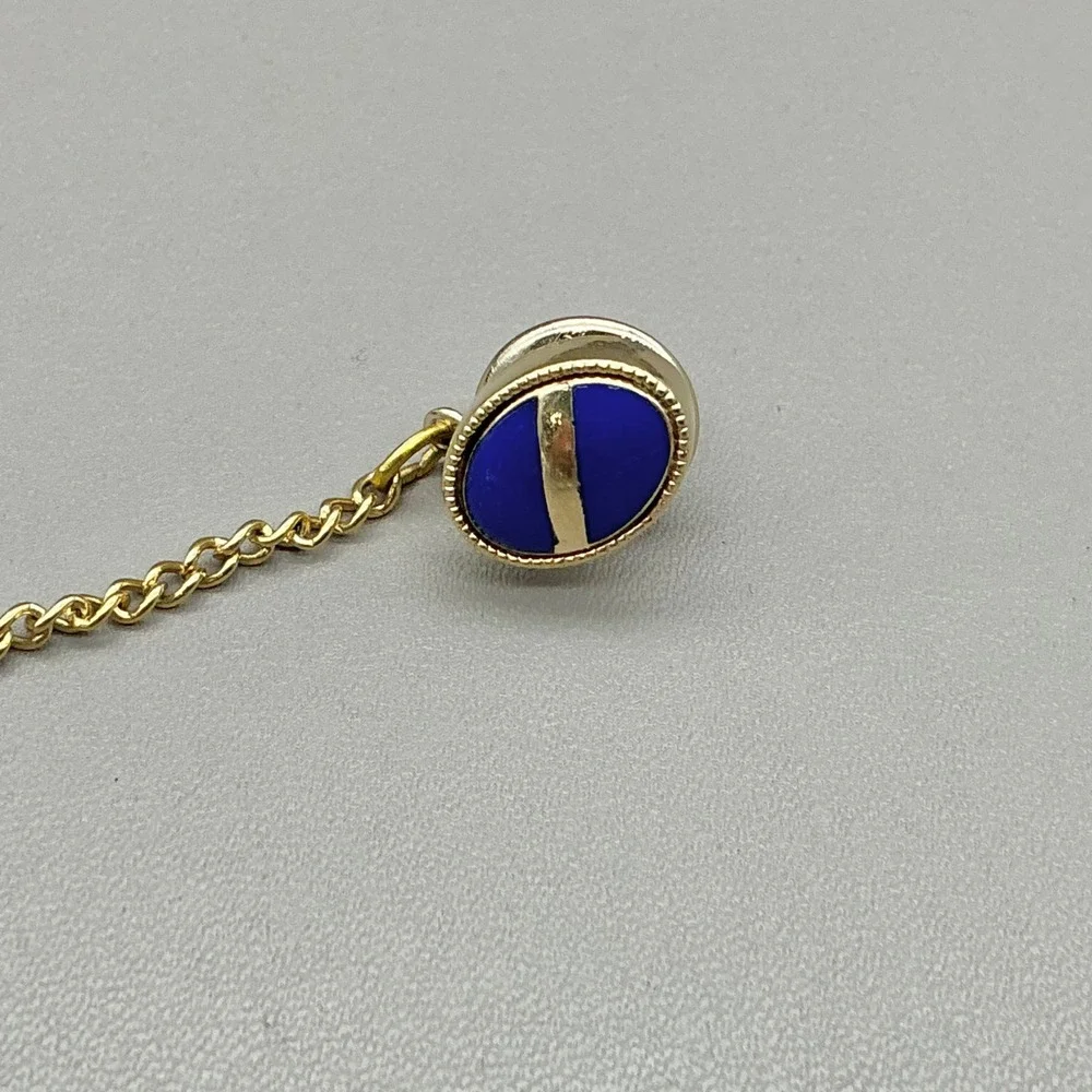 Vintage Gold Tone Blue Enamel Oval Tie Tack Men's Lapel Pin Chain Clutch Back